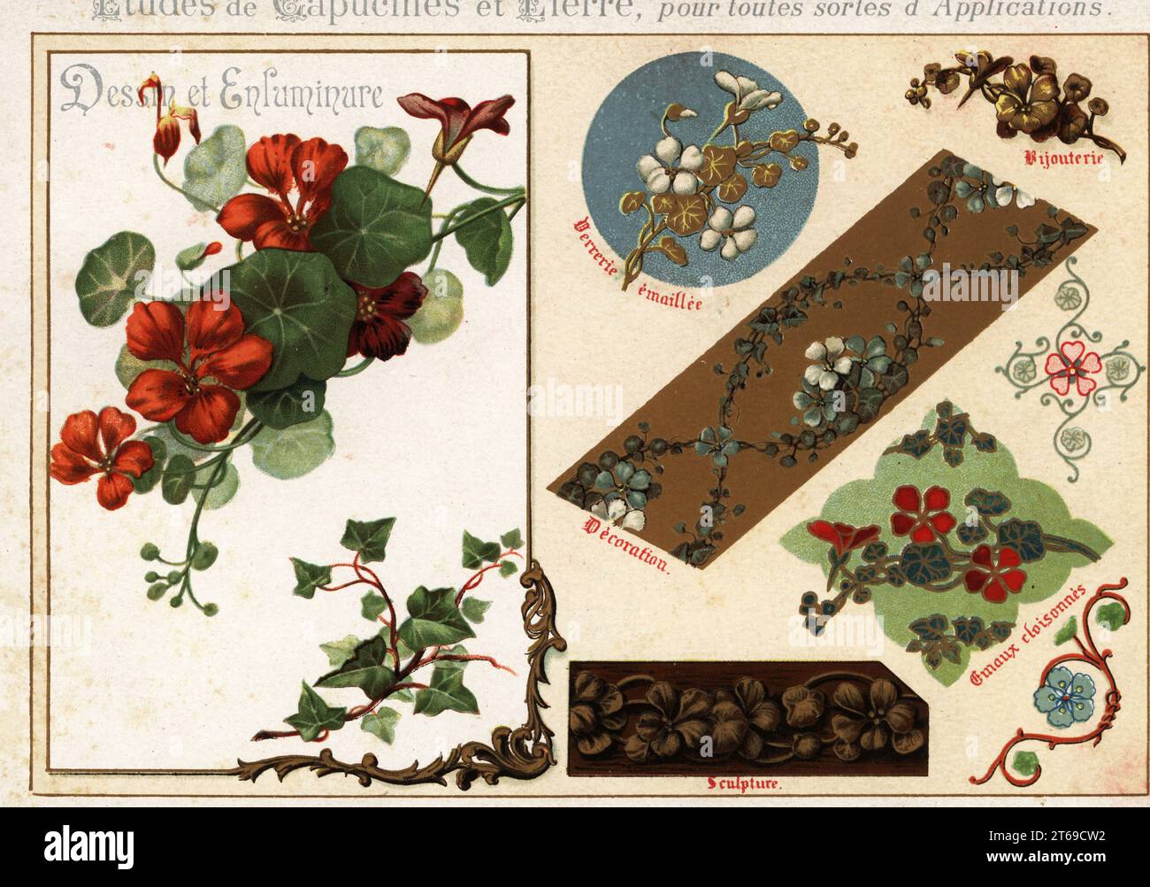 Images of nasturtium and ivy from manuscripts and their applications in jewelry, enamel glassware, decoration, cloisonne enamel and sculpture. Chromolithograph designed and lithographed by Ernst Guillot from his Flowers After Nature and Ornamental Flowers, Fleurs d`apres Nature et fleurs ornementales, Paris, 1890. Stock Photo